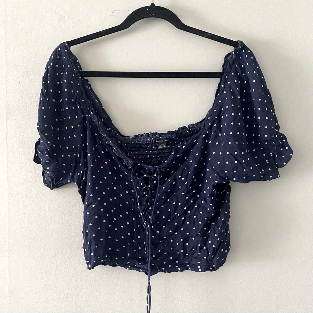 American eagle lace up polka dot puff sleeve top